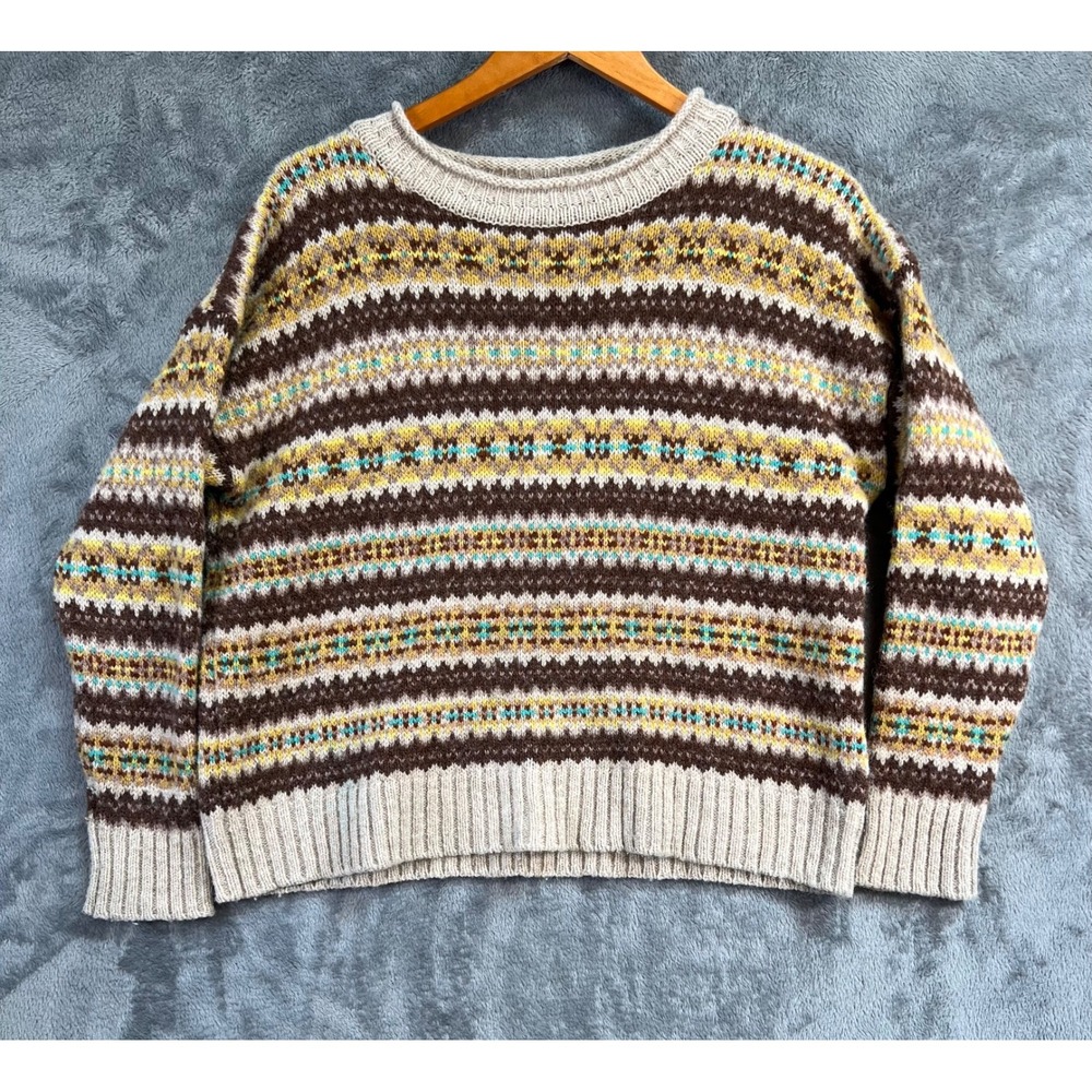 Toast Striped Fair Isle Sweater Medium Brown Stripe 100% Wool Nordic Jumper